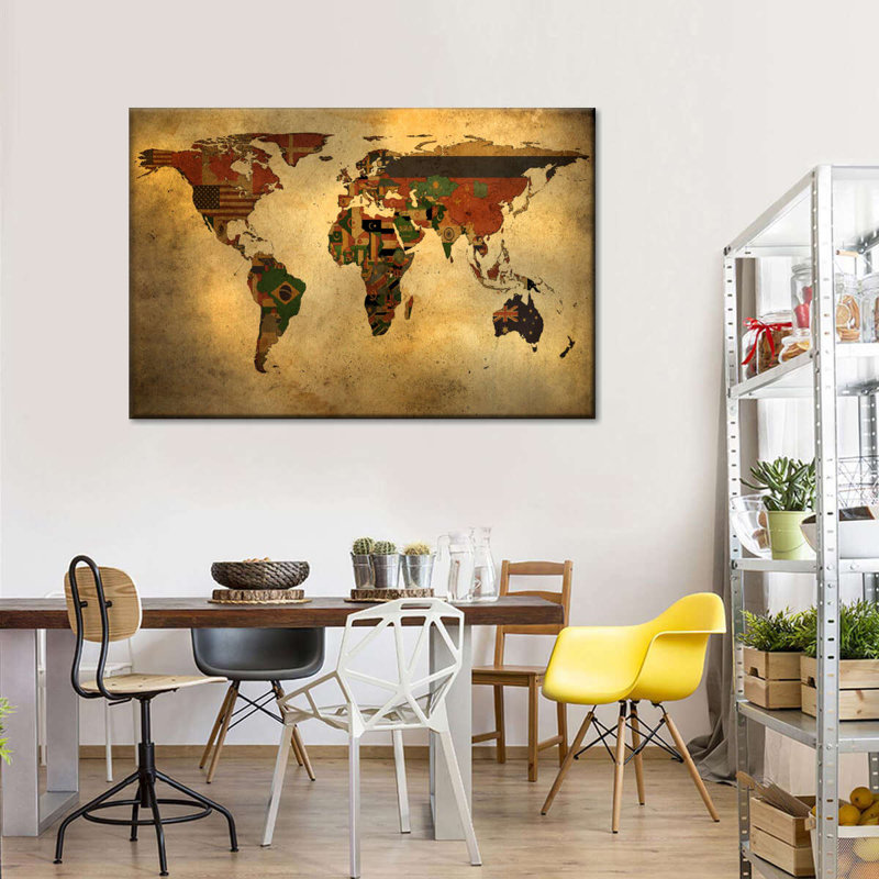 Carte des drapeaux du monde sur toile, H 12 po x l 8 po x P 1 po