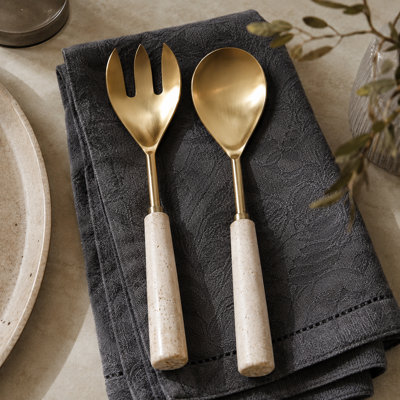 Travertine Stainless Steel Catering Serving Utensils Hostess Set in Box for Dining Table - Kitchen Serveware for Home Entertaining - Set of 2, Tan & Gold