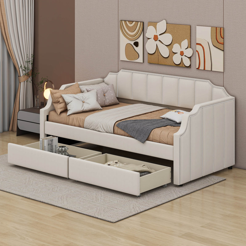Lit de jour simple tapissier avec tiroirs, Beige