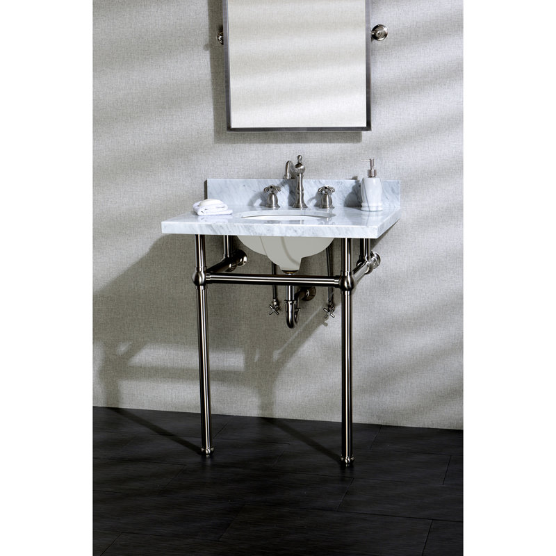 Kingston Brass Templeton 30-Inch Vanity Top with Brass Legs (8-Inch, 3-Hole), Carrara Marble/Brushed Nickel