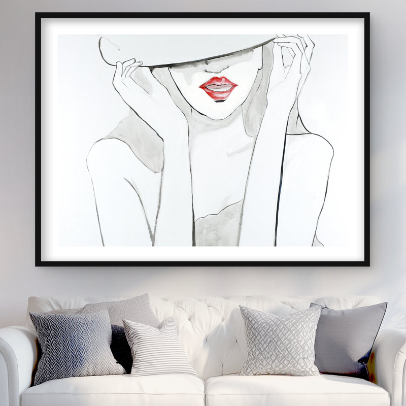 «Woman with Big Hat» - Reproduction matte encadrée pour la décoration intérieure, Noir