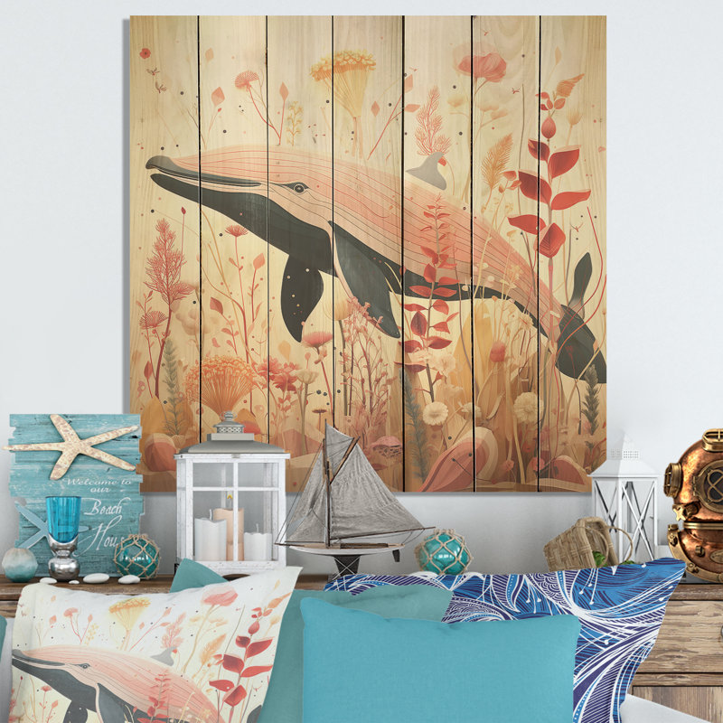 Baleine à motif floral rétro II - baleine sur bois, H 25 po x l 25 po