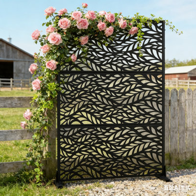 Metal Privacy Screen with Stand, Weather Resistant Outdoor Privacy Screen, Freestanding Outdoor Privacy Fence for Patio, Balcony or Deck – Leaf Patter by FLIZE