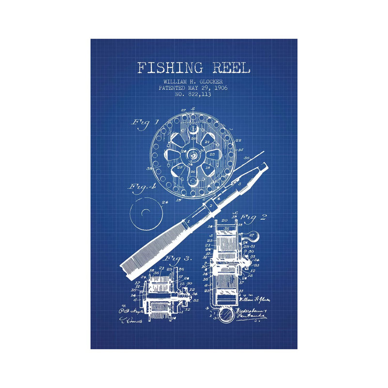 W.H. Glocker Fishing Reel Patent Sketch (Blue Grid) by Aged Pixel - Wrapped Canvas Print, 20.32 cm H x 30.48 cm W x 1.91 cm D