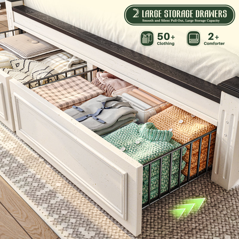 High Headboard Bed Frame With 2 Hidden Storages & Silent Sliders, Queen/king, Full