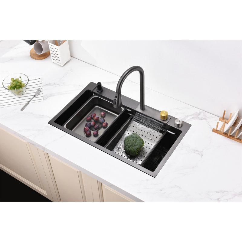 Waterfall Kitchen Sink, Stainless Steel Single Bowl In Black, Multifunctional Workstation With Flying-Rain Faucet And Cutting Board, 30×18″ Stainless Steel Single Bowl Sink, LS-SSBL05