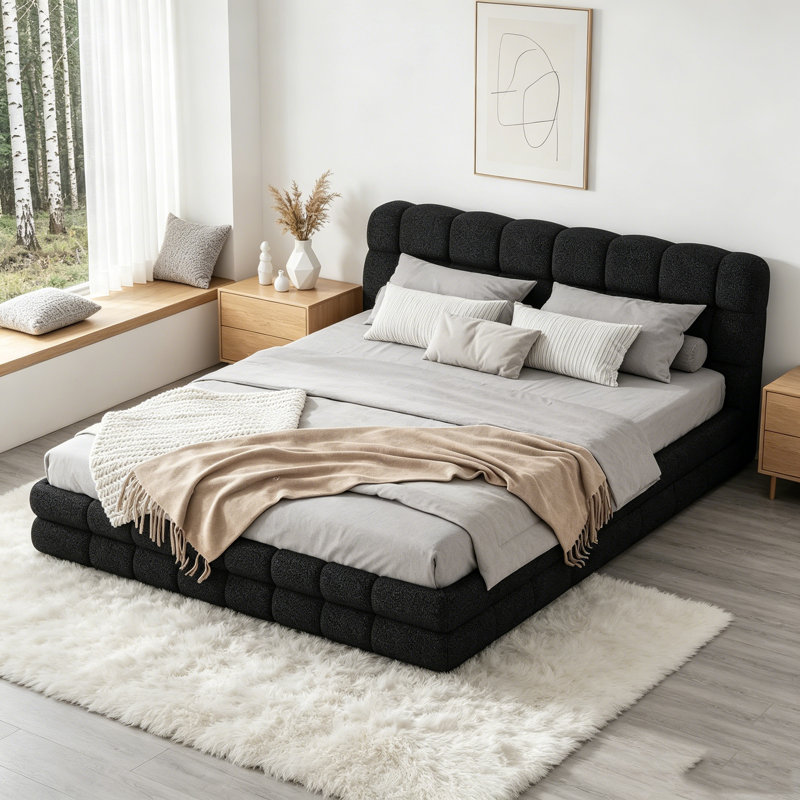 Cadre de lit plateforme grand tapissier noir, aucun sommier requis, Noir