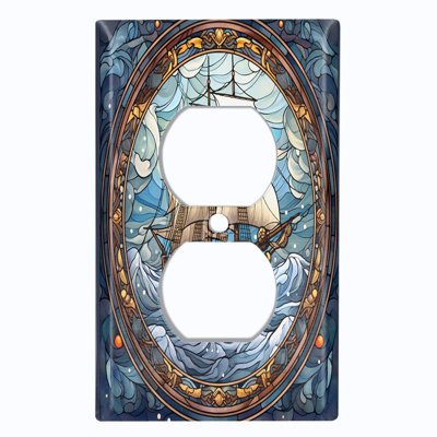 Metal Light Switch Plate Cover; US Standard Size 1 Gang Duplex - Printed Image of Stained Glass Sea Ship