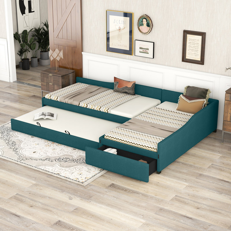 Upholstered Double Daybed with Trundle and Drawer, Green