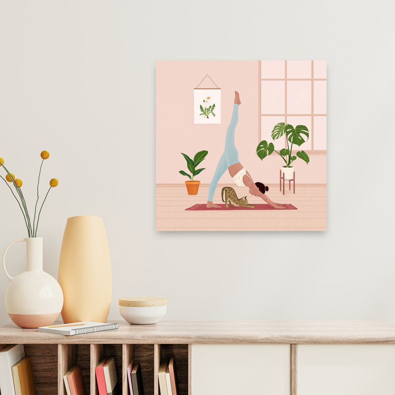 «Yoga with my cat», art mural moderne, 24" H x 24" W