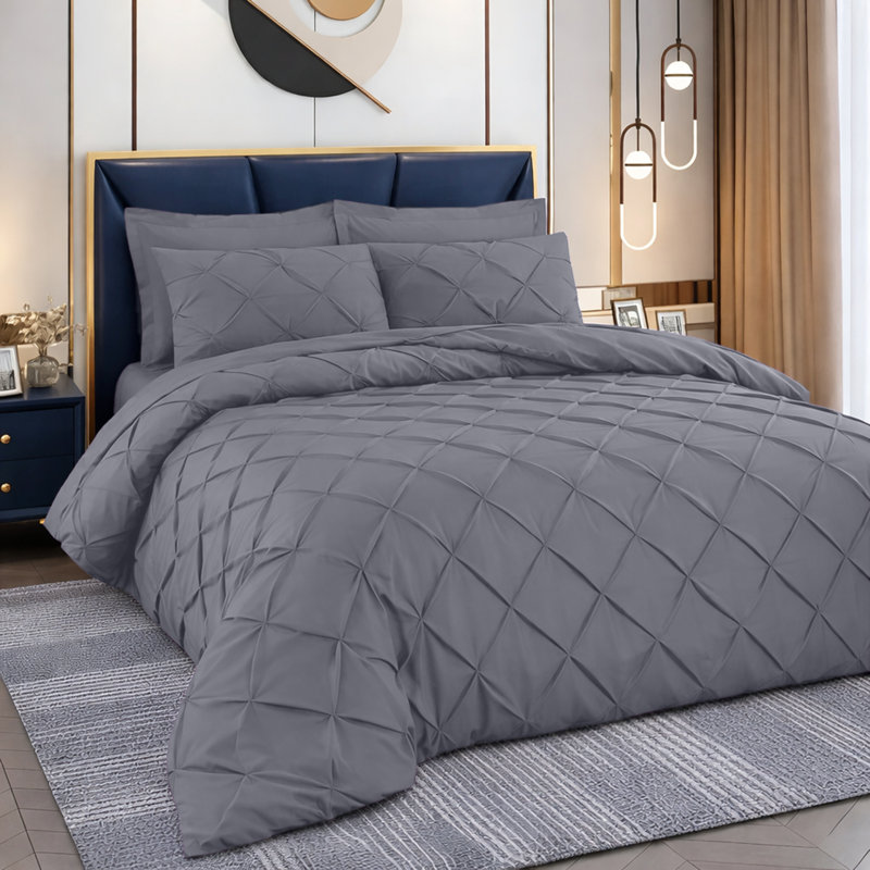 Luxurious Microfiber Pintuck Duvet Cover Set – Soft, Breathable & Wrinkle-Resistant Bedding for All-Season Comfort, Grey
