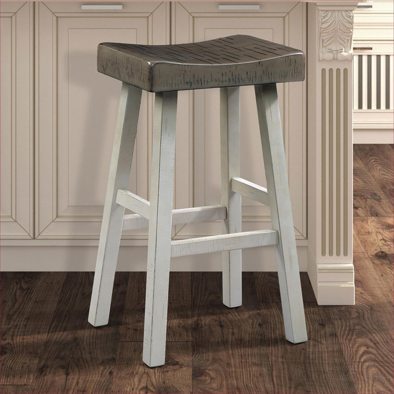 Ensemble de tabourets de comptoir en bois massif transitionnel 2 pièces gris et blanc, Siège gris / cadre blanc