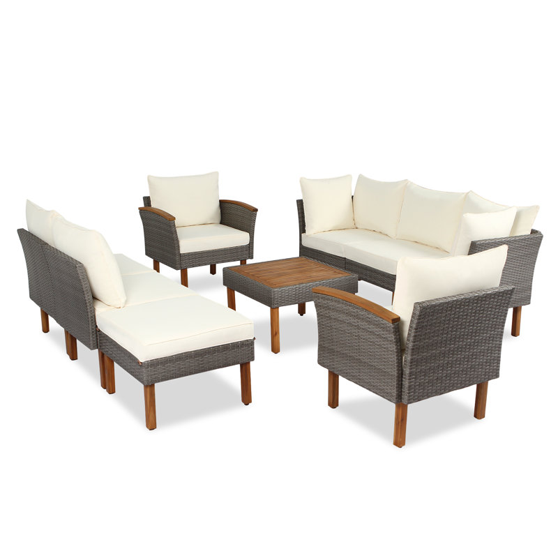 Ensemble de conversation 9 pièces avec canapé en rotin et coussin lavable