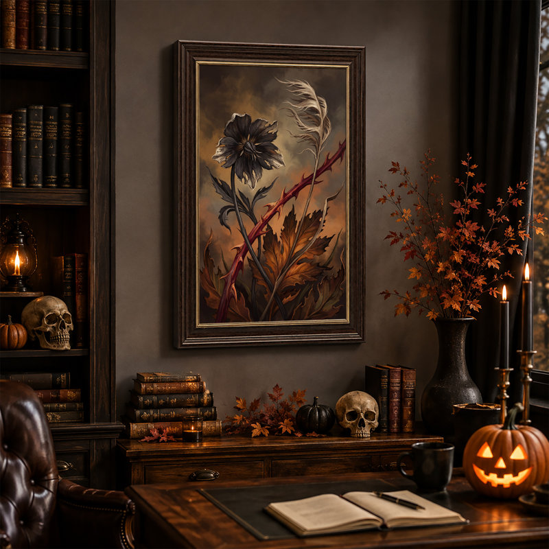 Toile murale d'Halloween représentant une fleur foncée à tige épineuse rouge et plumes, 18"H x 12"W