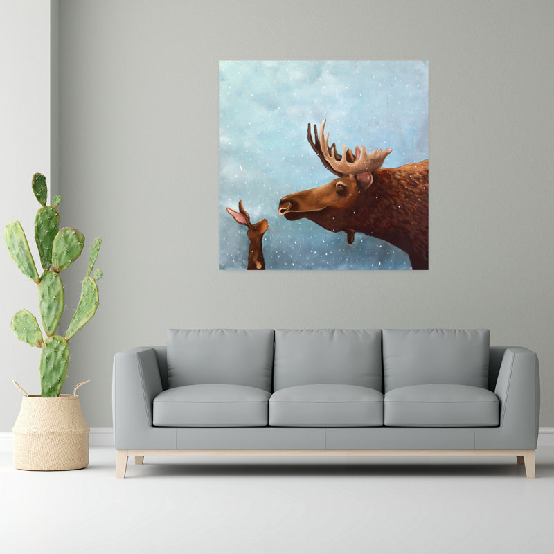 Orignal et lapin abstrait, art contemporain forêt d'hiver, H 48 po x l 48 po