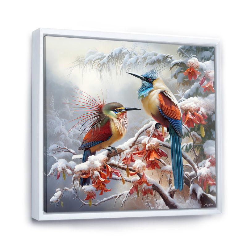 Oiseaux de paradis en hiver I - animaux, reproduction d'art mural, H 16 po x l 16 po, Cadre flottant blanc