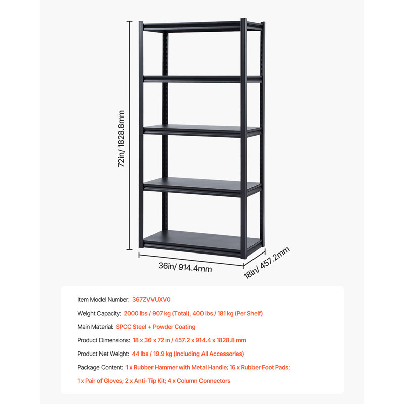 Tablettes de rangement à 5 niveaux, H 72 po x l 36 po x P 18 po