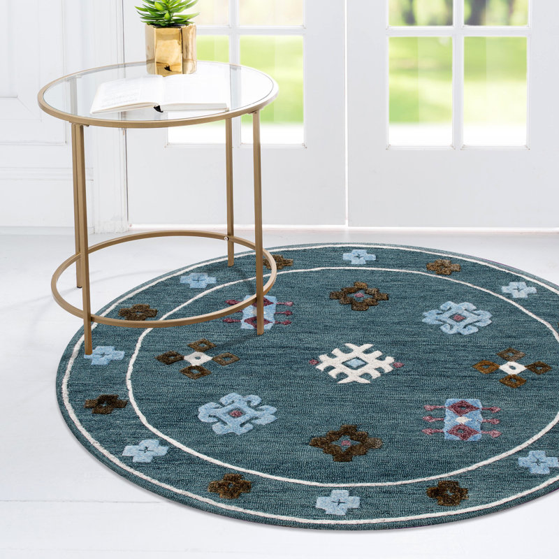 Tapis bleu sarcelle / bleu / brun Del Mar fait à la main, Rond 7 pi
