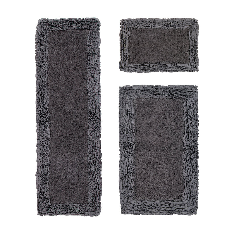 Ensemble de tapis pour salle de bain 100% coton 1775 g / m² 3 pièces Courson, certifié OEKO-TEX®, envers en latex antidérapant, motif de volants touffetés moelleux, super absorbant, tapis de salle de bain lavables à la machine, gris
