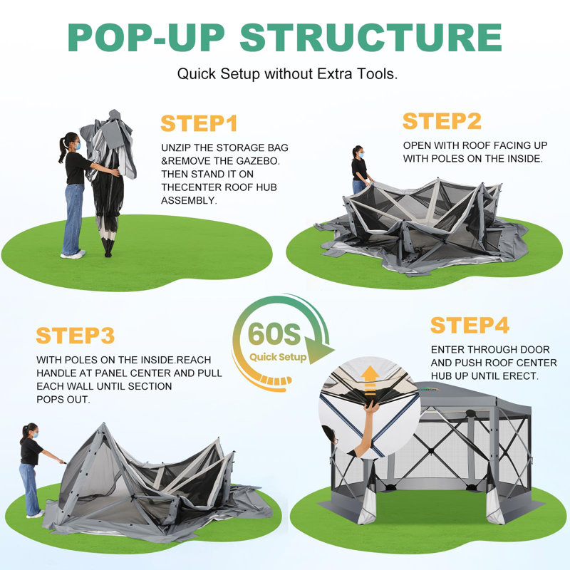 12x12 Pop Up Canopy Gazebo, Outdoor Canopy Tent Screen House with 6 sidewalls and Netting for Camping, Waterproof, UV Resistant, Ez Set-up Party Tent with Carrying Bag and Ground Stakes