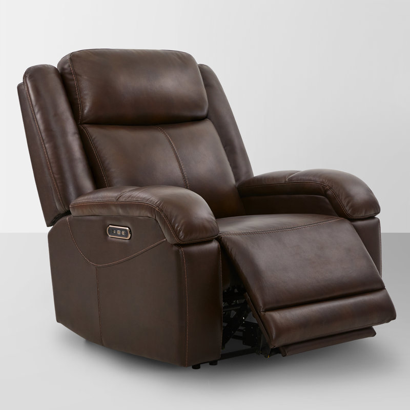 Fauteuil inclinable électrique en cuir véritable avec appui-tête réglable, Brun