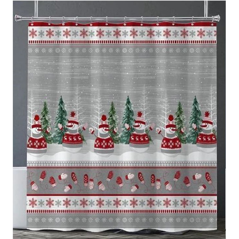 Rideau de douche en polyester + crochets en métal - Bonhomme de neige
