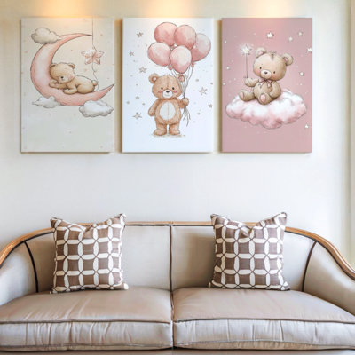 3 Pieces Charming Teddy Bear Large Wall Art for Nursery Decor, Three Pieces Wall Art for Living Room, Bedroom, Office, and Home Decor, Ready to Hang