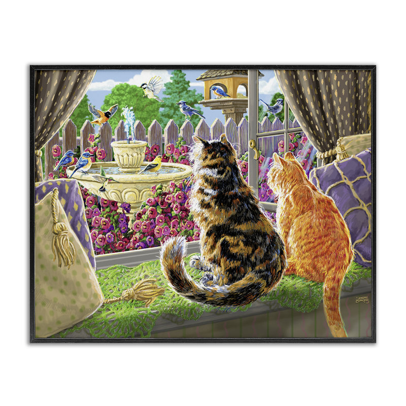 Chats avec vue, estampe numérique encadrée, design par Joseph Burgess, H 24 po x l 30 po, Giclée encadrée noir minuit