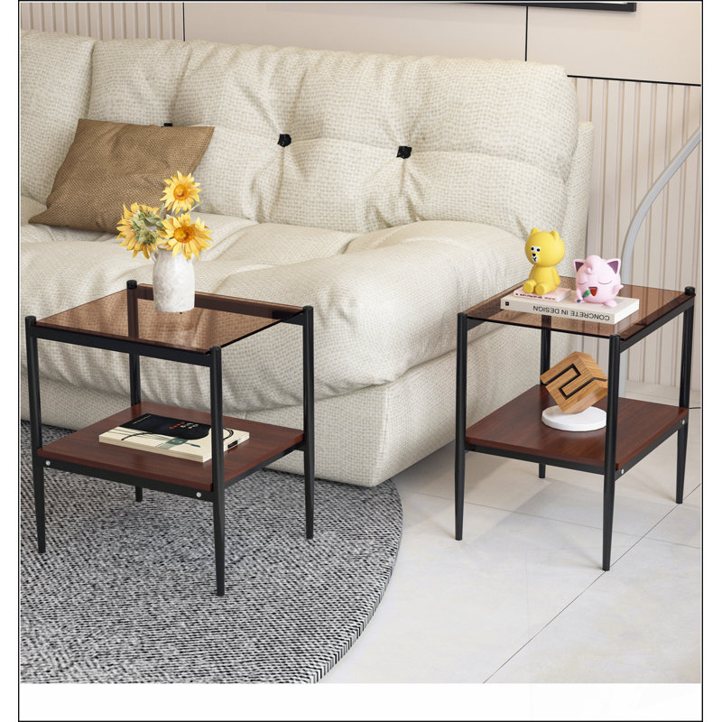 Ensemble de 2 tables de bout rectangulaires, plateau de table en verre trempé avec panneau de fibres à densité moyenne, table de salon moderne, verre