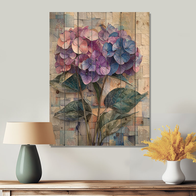 Collage abstrait floral d'hortensia II - art mural bois d'hortensia - sur bois de pin naturel, H 20 po x l 10 po x P 0,78 po
