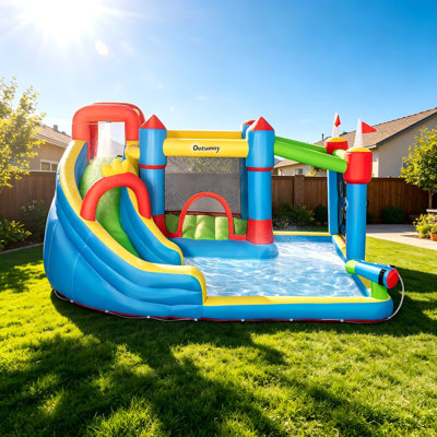 Jeu gonflable pour enfants 6 en 1 Outsunny, glissade d'eau avec mur d'escalade et canon à eau - gonflage rapide en 2 minutes avec gonfleur inclus