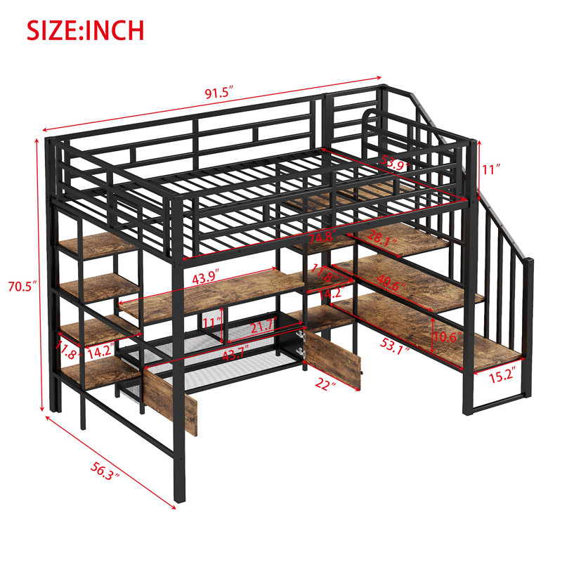 Lit mezzanine double en métal avec escalier, table de rangement basse et tablettes de rangement, Noir