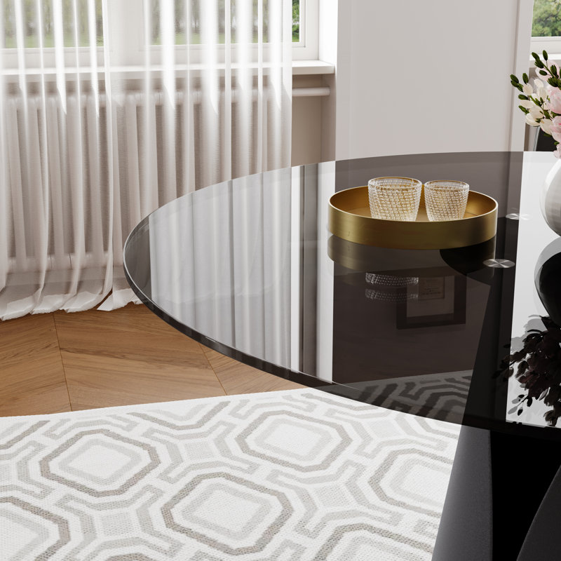Teferi Modern Round Glass Top Metal Base Dining Table, 29.53" H x 59.06" L x 59.06" W