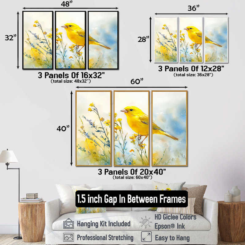 Oiseau pinson sur une tige de fleur sauvage II - art mural oiseau - ensemble de 3, H 40 po x l 60 po, Doré