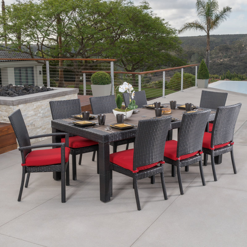 Cannes 9 Piece Dining Set with Cushions, Brown/Black Frame/Canvas Navy Cushion