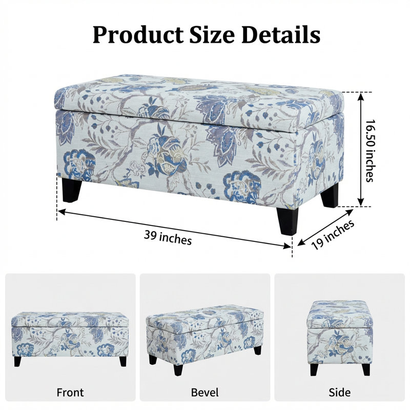 Élégant repose-pieds de rangement rembourré floral avec compartiment caché, charnières à fermeture en douceur, repose-pieds et siège multifonctionnels, couvertures et coussins
