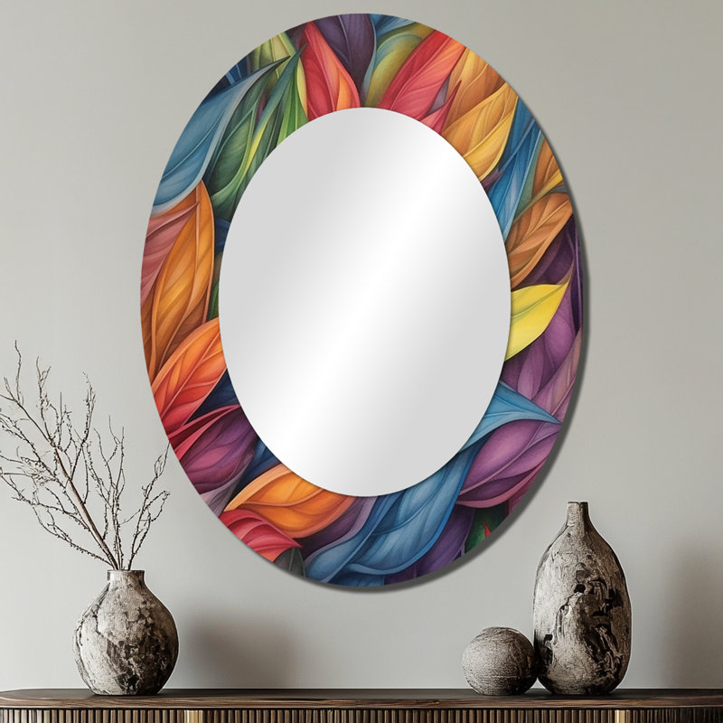 Vintage Rainbow Pastel Leaves Boho Watercolor II - Modern Oval Wall Mirror, 40" x 30"