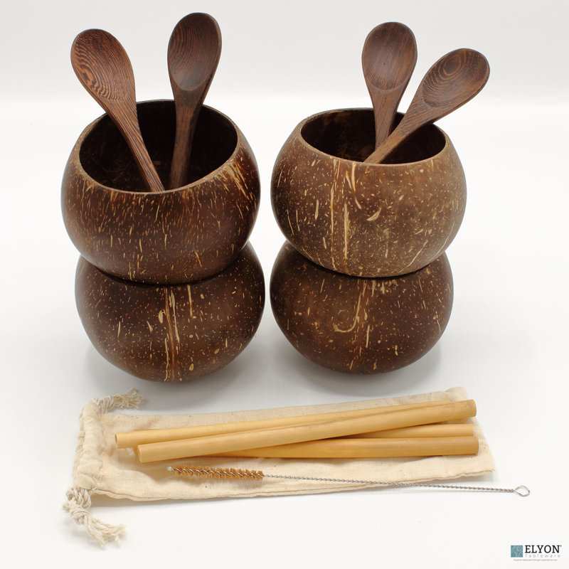 Service de vaisselle grand bol en noix de coco fabriqué à la main avec ustensiles Elyon