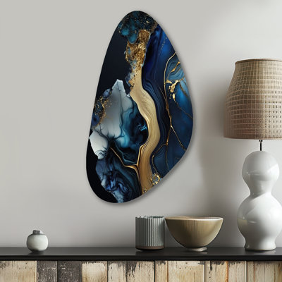 Abstract Geode Gold And Blue Marble V - Marble Asymmetrical Metal Wall Art, Modern Unique Shape Metal Art Print