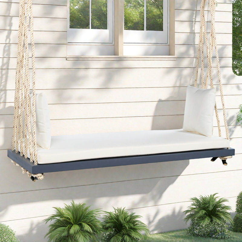 Balancelle de patio suspendue en bois avec coussin et coussins, Beige, Gris