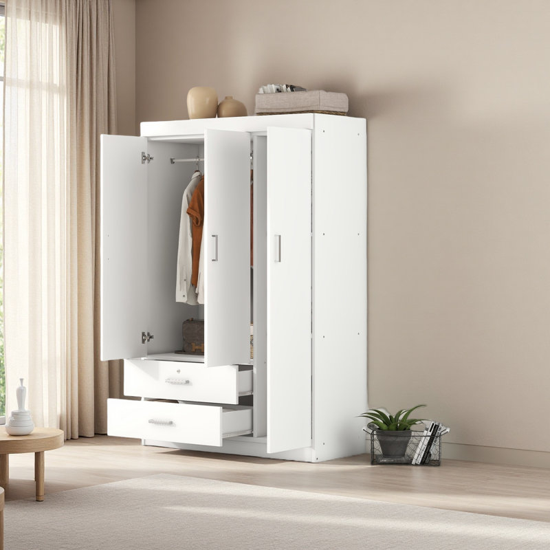 Armoire 3 portes avec 2 tiroirs, Blanc
