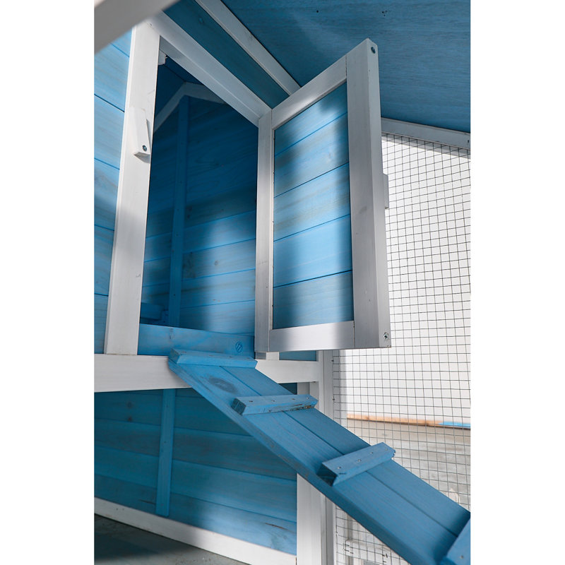 Cage bleue de 76 po avec design naturel, piste d'extérieur, plateau amovible, rampe intérieure et d'utilisation, espace de jeu, maison