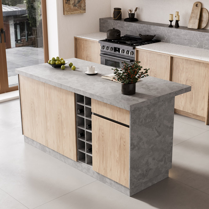 Japandi Kitchen Island with Storage and Seating Space,Island Table with Wine Rack (Without Bar Stools), Brown/Gray