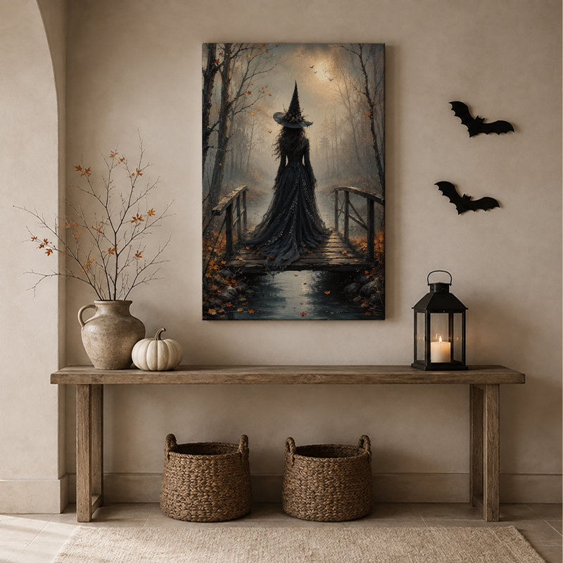 «Witch on Wooden Bridge in Moonlit Forest», art mural sur toile, H 36 po x l 24 po