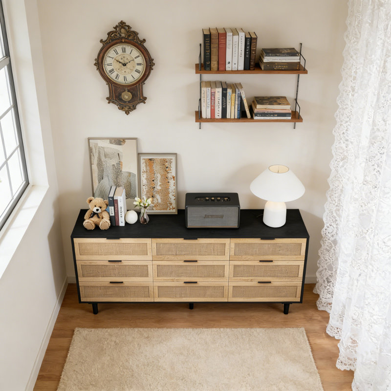 Commode 51,18 "à 6 tiroirs avec armoire de rangement en rotin, pour chambre à coucher et salon, Noir