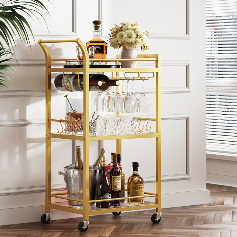 Chariot-bar avec tablette miroir à 3 niveaux, Or