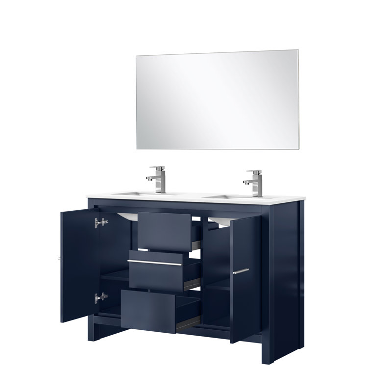 Lafarre 48 in W x 20 in D Double Bathroom Vanity Set with Mirror, Navy Blue, White Quartz