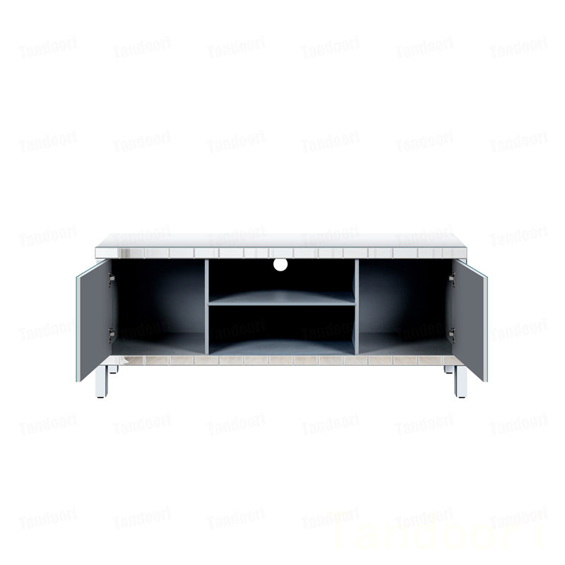 Meuble télé en miroir pour téléviseur de 65 pouces et plus, console de télévision avec rangement ouvert et 2 armoires de rangement, portes de miroir scintillantes en forme de losange