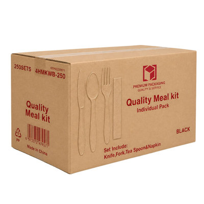Disposable Black Plastic Cutlery with Napkin, Heavy Weight, Individually Wrapped Place Setting