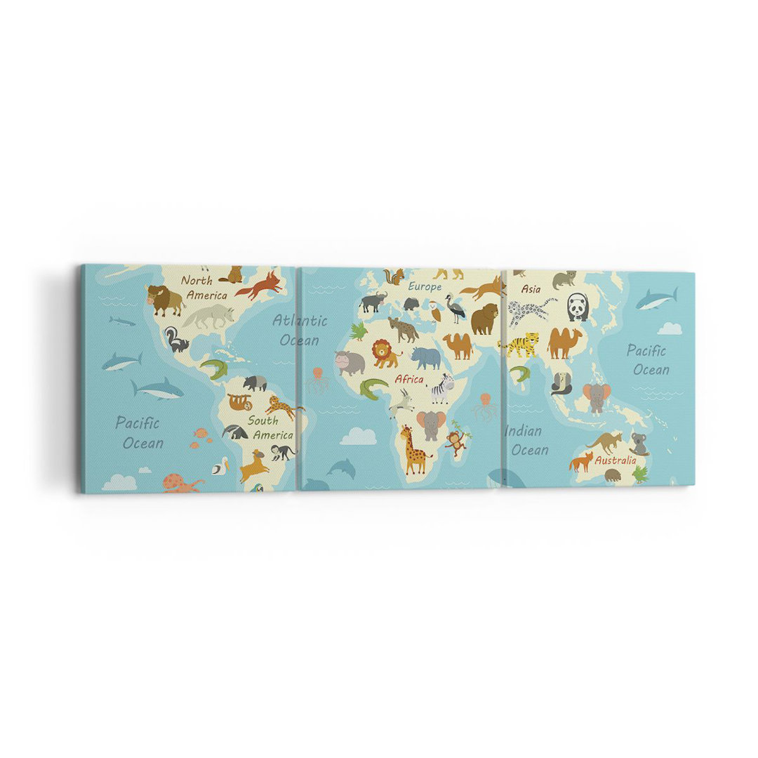 3-tlg. Leinwandbilder-Set Animals the World Map